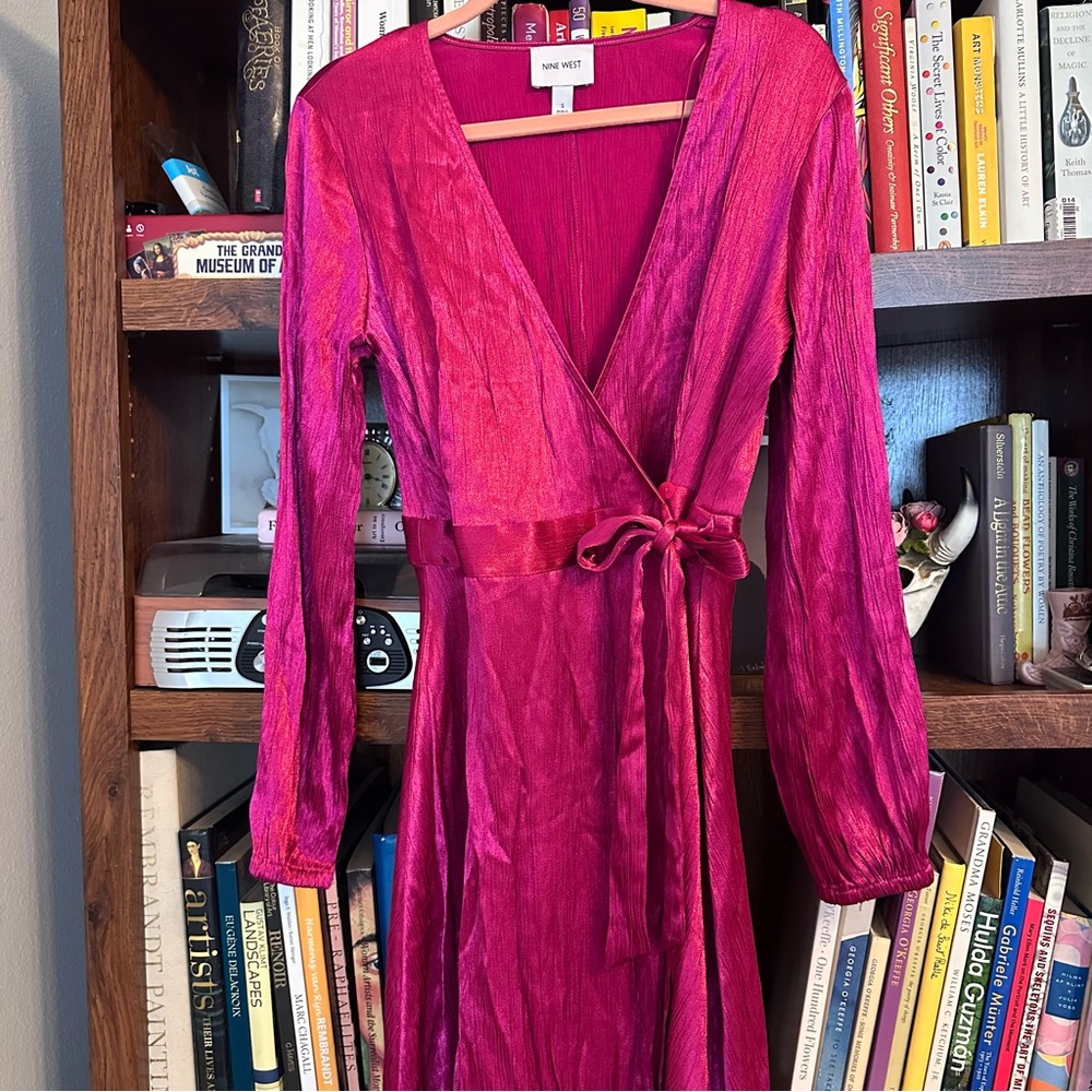 Magenta Wrap Dress with a Beautiful Sheen & Balloon Sleeves